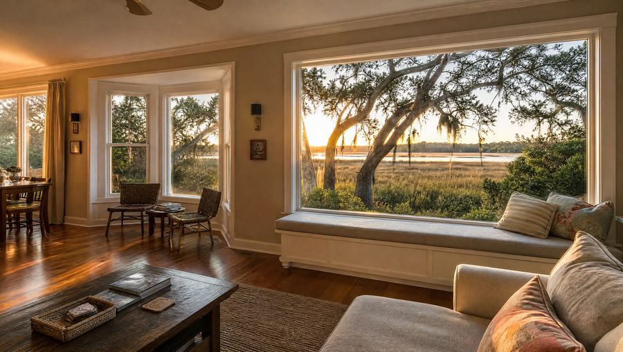 Bay window and large picture window overlooking a Lowcountry marsh