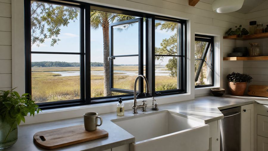 Black casement and awning windows over a kitchen sink with a marsh view
