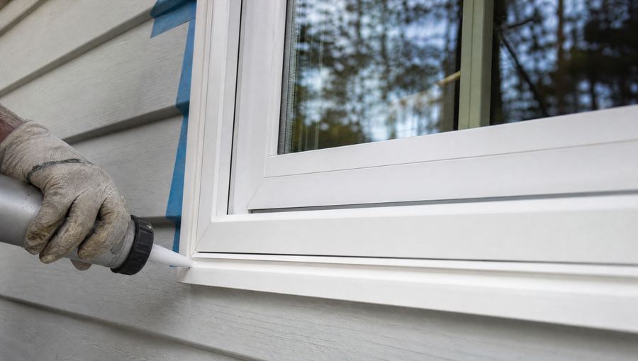 Installer sealing the trim of a new energy-efficient window