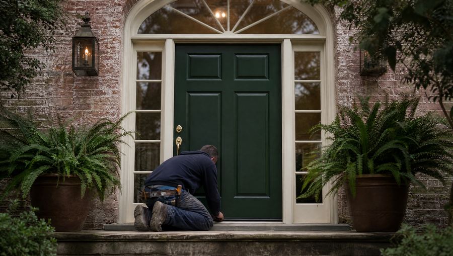 New green entry door with sidelights and fanlight on a brick Charleston home