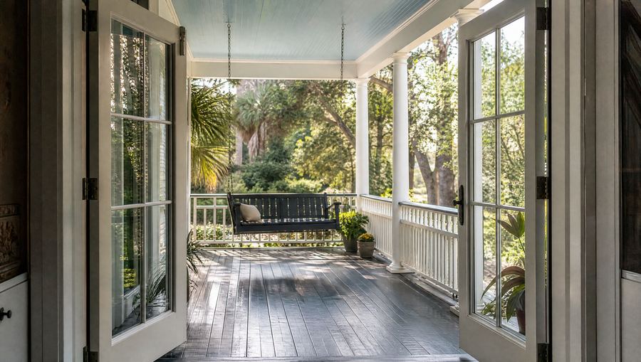 White French patio doors opening onto a Charleston piazza