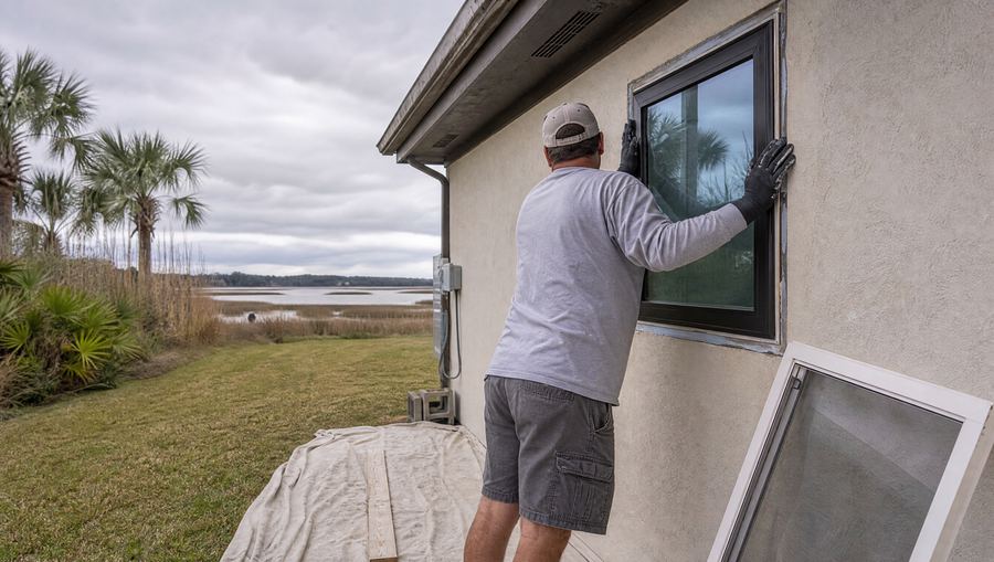 Installer pressing a new hurricane impact window into a stucco wall on a coastal home