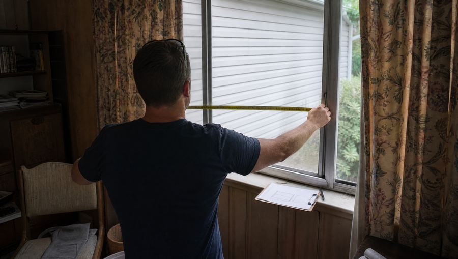 Technician measuring an old aluminum window opening