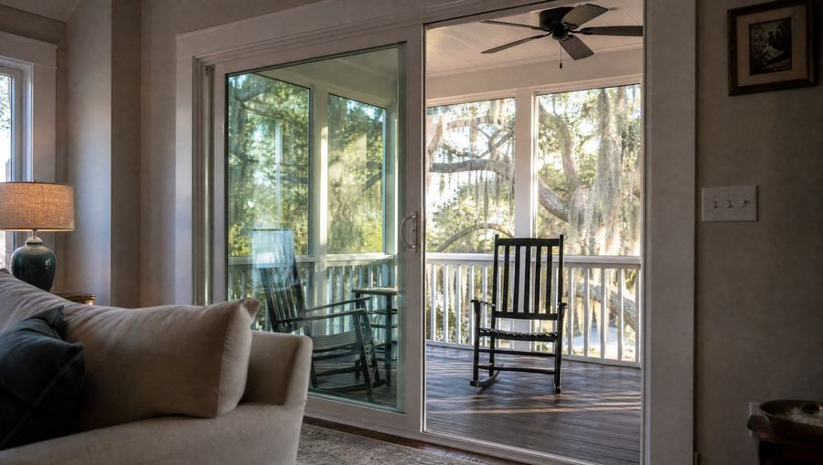 White sliding patio door opening onto a screened porch